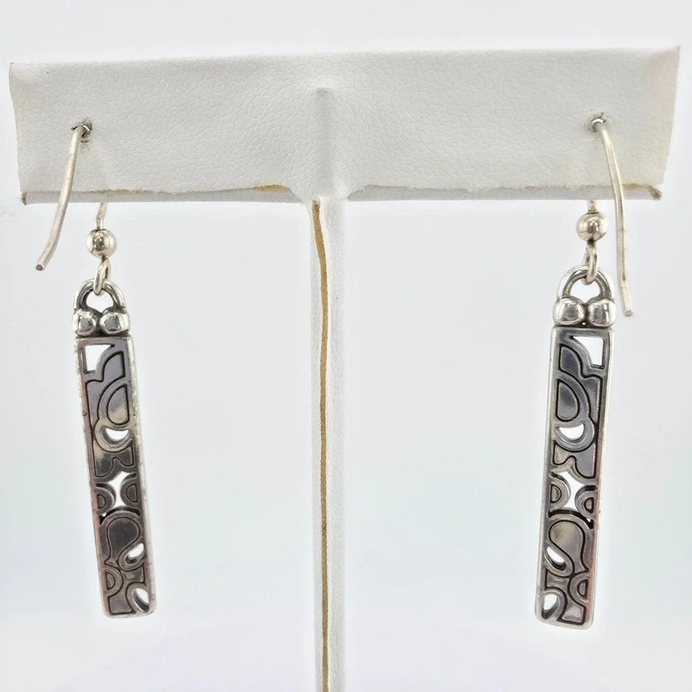 BRIGHTON 'Spring Hill' Earrings Black Cream Enamel Etched Drop Silver Plate 2